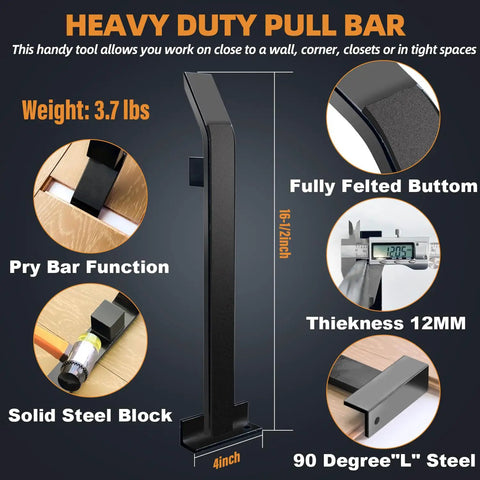 Heavy duty pull bar from Pro 5 In 1 Flooring Installation Kit With Tapping Block Heavy Pull Bar 10 Inch Contour Gauge 20 Piece Upgrade Spacers Rubber Mallet For Laminate And Vinyl Flooring Heavy Duty Pro Grade Tools For Pros And DIY with 16.5 inch size made from steel showing features like pry bar function and felted bottom for tight spaces.