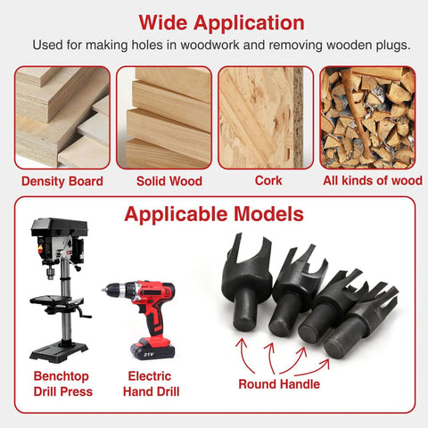 Solid 8 Piece Wood Plug Cutter Drill Bit Set Featuring Barrel And Claw Tips 1/4 3/8 1/2 And 5/8 Inch Sizes shown with various wood types.