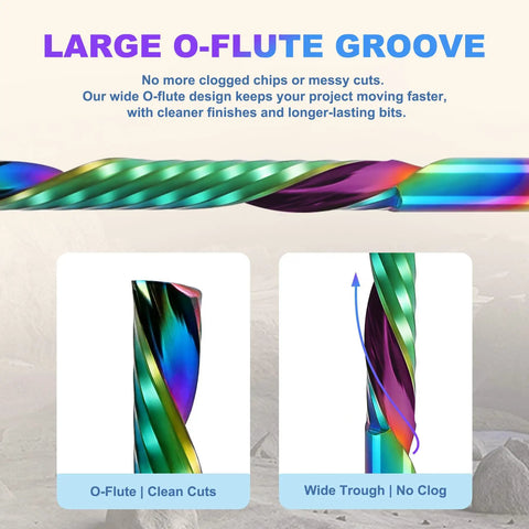 10 Pcs O Flute Downcut Router Bits Set With One Eighth Inch Shank DLC Coated Carbide End Mills, detail of large groove design.