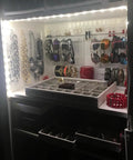 Jewelry closet illuminated by 9.8ft Under Cabinet LED Strip Lights With Motion Sensor And Battery Power Auto Or Manual Modes Ideal For Closet Kitchen Bedroom Stairs Basement Trunk And More White 4000K