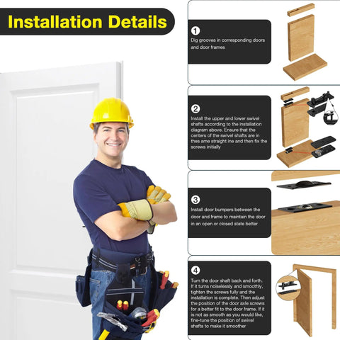 Installation steps for the Beefy Heavy Duty Hidden Door Hinge Kit with 620 lbs load capacity, showing tools and hardware.