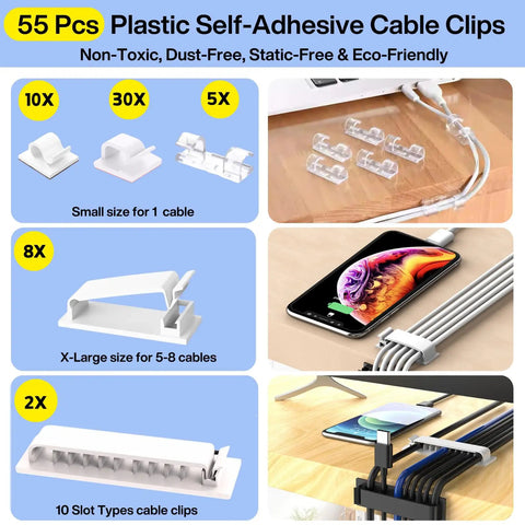 55 pcs plastic self-adhesive cable clips for organizing desk and office cords; includes various sizes for different cable quantities