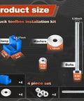 Beefy Heavy Duty Aluminum Truck Tool Box Mounting Kit With Lock Nuts Universal Bed Toolbox Tie Downs And Organizer Reduces Vibration And Noise On Rough Roads Blue showing product size and hardware components.