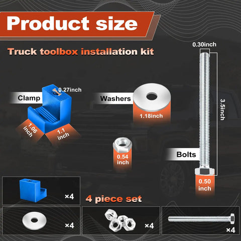 Beefy Heavy Duty Aluminum Truck Tool Box Mounting Kit With Lock Nuts Universal Bed Toolbox Tie Downs And Organizer Reduces Vibration And Noise On Rough Roads Blue showing product size and hardware components.