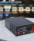 13.8V 30A DC Power Supply for ham radios and bench projects, compact converter with fan and USB 5V 2A output, features labeled