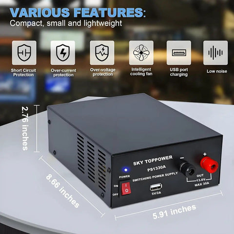 13.8V 30A DC Power Supply for ham radios and bench projects, compact converter with fan and USB 5V 2A output, features labeled