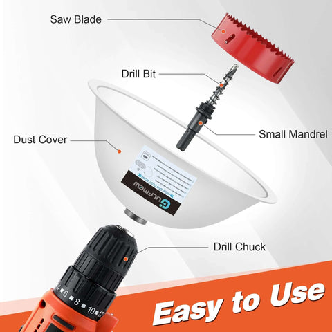 Front view of Gulfmew drill dust bowl kit: transparent bowl with dust cover, mandrel and drill bit