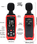 Sound Level Data Logger With Real Time Decibel Readouts 30 To 130 dB Range, Audible And Visual Alarm, PC Export, LCD display front and back view