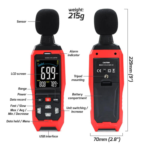 Sound Level Data Logger With Real Time Decibel Readouts 30 To 130 dB Range, Audible And Visual Alarm, PC Export, LCD display front and back view