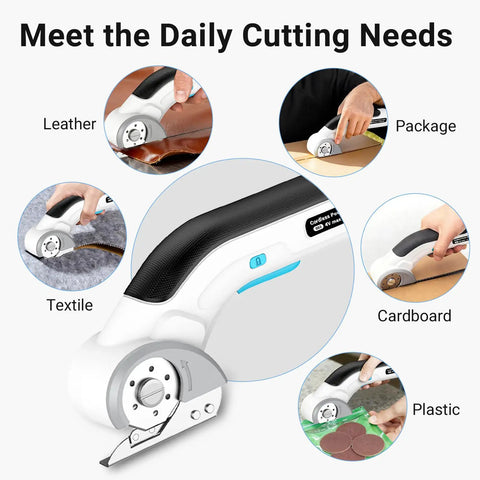 Cordless Electric Scissors Heavy Duty Fabric Cutter used for cutting leather, textile, cardboard, and plastic packaging.