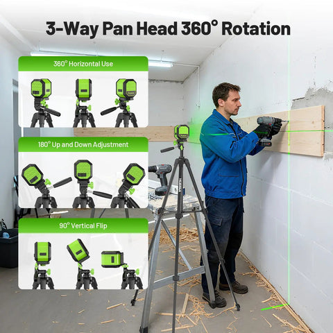 Rechargeable Green Cross Line Laser Level With 100Ft Reach, Self Leveling, 110 Degree Horizontal And Vertical Beams, Includes 60 Inch Tripod, Magnetic Bracket, Target Plate, Pro Grade Tool For Picture Hanging And Do It Yourself Home Projects, on tripod