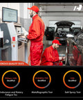 Technicians in red uniforms conducting automotive quality tests in a workshop with computer and car in background.