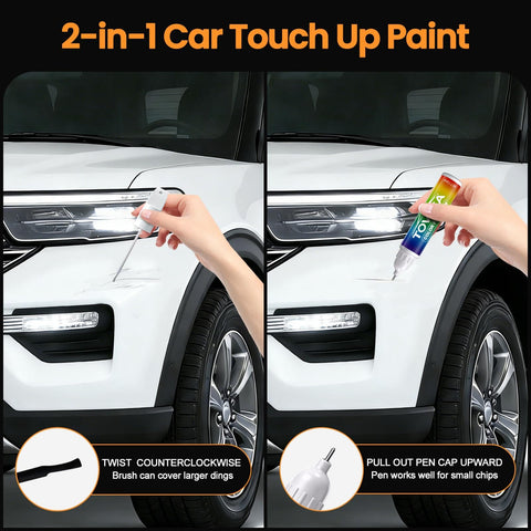 Applying Tesla Model Y Model 3 Model X Model S Touch Up Paint Kit 2 in 1 Car Scratch Remover Pen on white vehicle