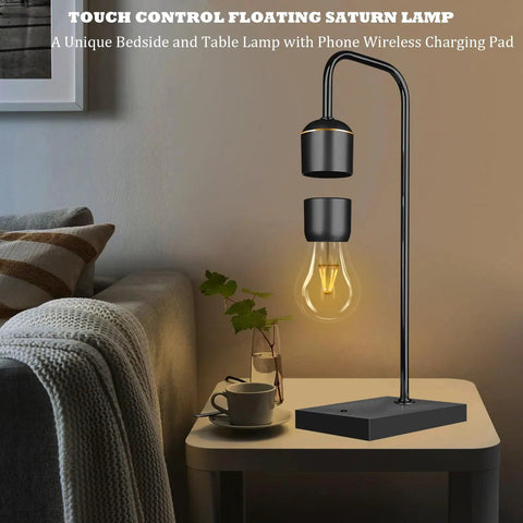 Lit Magnetic Levitating Light Bulb Lamp With Black Base on a table, glowing LED, modern home decor beside sofa plant