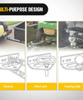 Diagram of universal heavy duty zero turn mower trailer hitch kit with neodymium magnetic pin, bolts, clip, chains, towing ball.