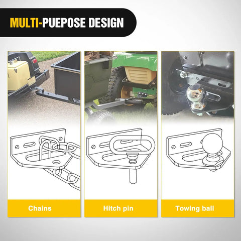 Diagram of universal heavy duty zero turn mower trailer hitch kit with neodymium magnetic pin, bolts, clip, chains, towing ball.