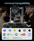 4K AI Auto Tracking PTZ Camera With 3X Optical Zoom And 93 Degree Wide Angle for video conferencing, showing rotation angles and app compatibility