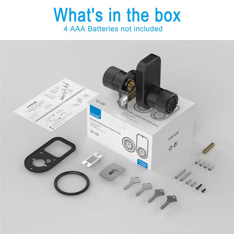 Box contents for Two Sided Keypad Door Knob With Dual Cylinders And Key Alike No Hassle Keyless Entry Smart Lock, keys, and components