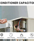 Installing 5uF Oval Run Start AC Capacitor CBB65A 370V 450V in outdoor air conditioning unit with tools.
