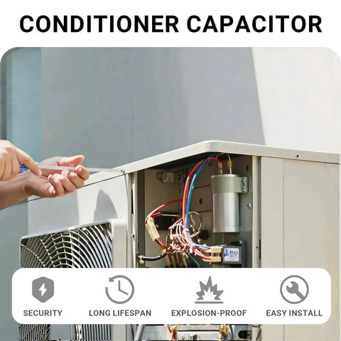 Installing 5uF Oval Run Start AC Capacitor CBB65A 370V 450V in outdoor air conditioning unit with tools.
