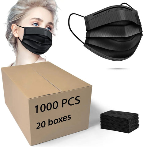Bulk Black Disposable Face Masks For Adults, 3 Ply Breathable Earloop, 1000 pcs box with masks and person wearing mask