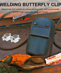 Heavy Duty Welding Clamps For Flawless Butt Joint Assembly And Metal Sheet Alignment Featuring Sturdy Locking Pincers For Rapid Setup and Rock Solid Holds near a welding helmet.