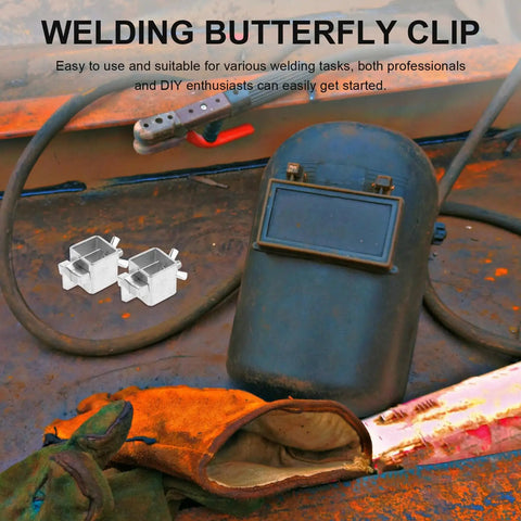 Heavy Duty Welding Clamps For Flawless Butt Joint Assembly And Metal Sheet Alignment Featuring Sturdy Locking Pincers For Rapid Setup and Rock Solid Holds near a welding helmet.