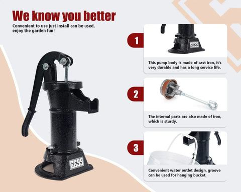 Durable Cast Iron Pitcher Pump Manual Hand Crank Suction Water Transfer Pump For Outdoor Garden Pond Backyards 25 Foot Lift Easy Install Antique Style Well Pump Black