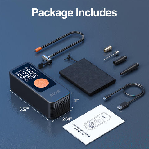 Portable Tire Inflator With Digital Pressure Gauge, 150 PSI Cordless Air Pump package contents on display