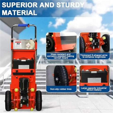 Super Heavy Duty Motorized Stair Climber Hand Truck With 880 Lbs Capacity Electric Dolly Cart For Moving Furniture And Machinery Fast, showcasing sturdy materials and features.