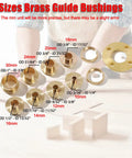 Brass Router Template Guide Kit, 11-Piece Set With Lock Nut Adapter, machined bushings labeled sizes for precise pattern routing.