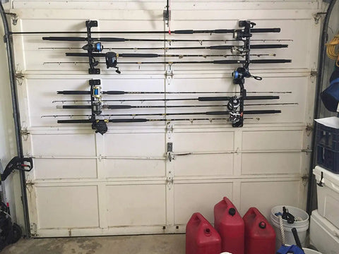 Garage Door Organizer Rack for Fishing Gear and Tools 18 Inch ABS Plastic Rod Holder mounted on garage door.
