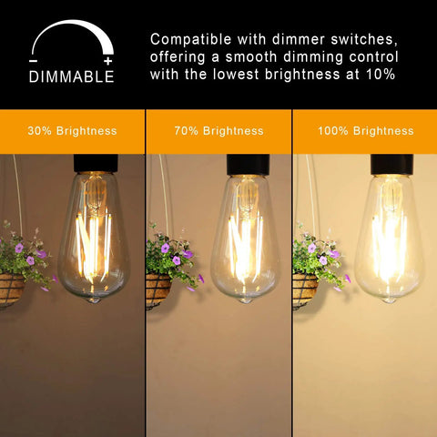 Dimmable Vintage LED Edison Bulbs Pack Of 4, 6W Equal To 60W, 700 Lumens, 2700K Warm White at various brightness levels.