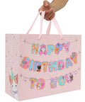 13 Inch Large Cat Birthday Gift Bag Set With Handles, Greeting Card, Pink Tissue Paper, Kitty Themed Stickers, Banner For Girls Kids Teens Women, Easy Gift Packaging, 1 Piece, featuring pink bag with 'Happy Birthday To You' banner