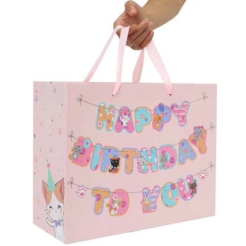 13 Inch Large Cat Birthday Gift Bag Set With Handles, Greeting Card, Pink Tissue Paper, Kitty Themed Stickers, Banner For Girls Kids Teens Women, Easy Gift Packaging, 1 Piece, featuring pink bag with 'Happy Birthday To You' banner