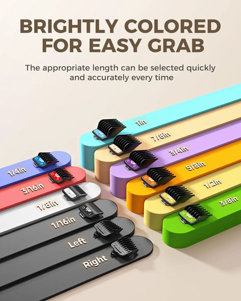Bright color coded hair clipper guard set with ten size attachments from one sixteenth inch to one inch for versatile grooming