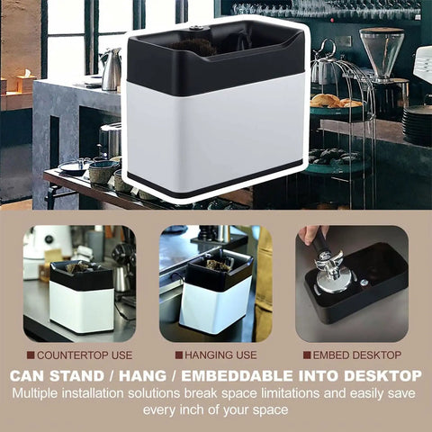 Kick Your Espresso Game Up With This Electric Portafilter Cleaner That Ejects Used Grounds, Includes Built In Knock Box on countertop.