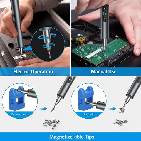 Man using 28 In 1 Cordless Electric Screwdriver Kit With 24 Bits Mini Pro Grade Power Precision Tool for electronics and magnetizing tips.