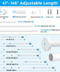 White No Drill Tension Curtain Rods Extends From 41 To 146 Inches illustrated with parts and measurements