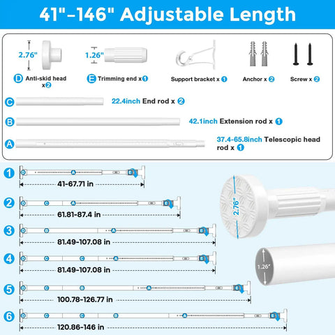 White No Drill Tension Curtain Rods Extends From 41 To 146 Inches illustrated with parts and measurements