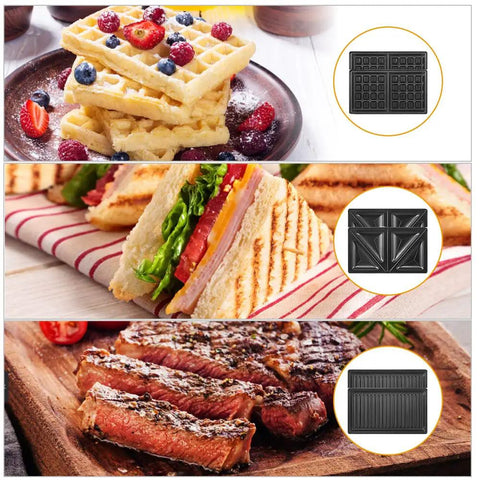 Hot 3 In 1 Electric Breakfast Maker With Non Stick Plates; stacked waffles, grilled sandwich, and grilled steak on wooden table.
