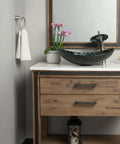 Oval Glass Vessel Sink Hand Painted Sleek Dope Look With Black And Silver Tempered Glass Above Counter Install on wooden vanity