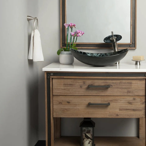 Oval Glass Vessel Sink Hand Painted Sleek Dope Look With Black And Silver Tempered Glass Above Counter Install on wooden vanity