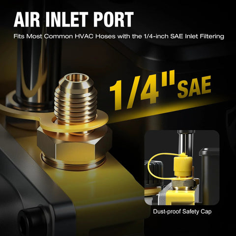 Front view of yellow and black automotive vacuum pump with brass 1/4 inch SAE inlet port and dust-proof cap inset
