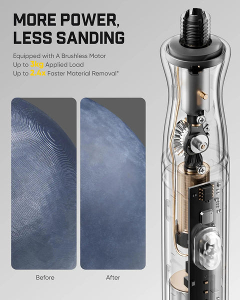 Close-up of Badass Brushless Electric Detail Sander showing inside mechanics with before and after 3D print finishes.