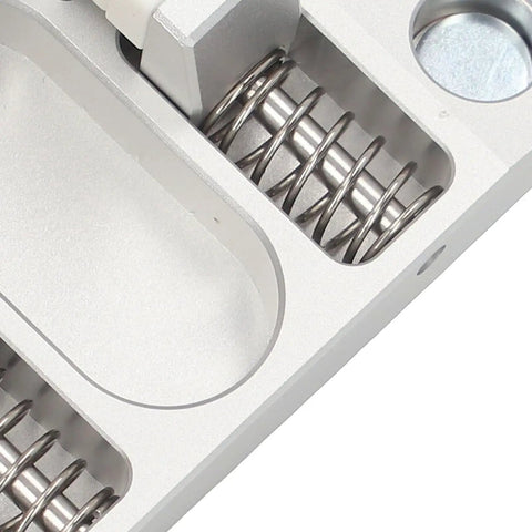Top Tier Helping Hands Soldering Station With Four Wiggling Arms Featuring Heat Proof Antislip Ceramic Jaws And Removable Magnets, close-up of aluminum frame with springs.