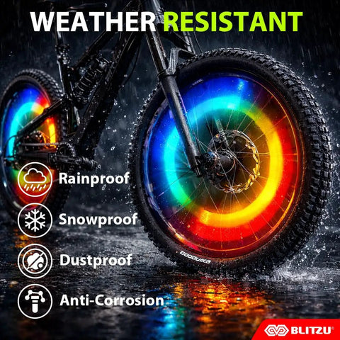 Mountain bike with LED Bike Wheel Lights Set For Night Riding 2 Tire Pack With 7 Color Modes in rain showcasing weather resistance.