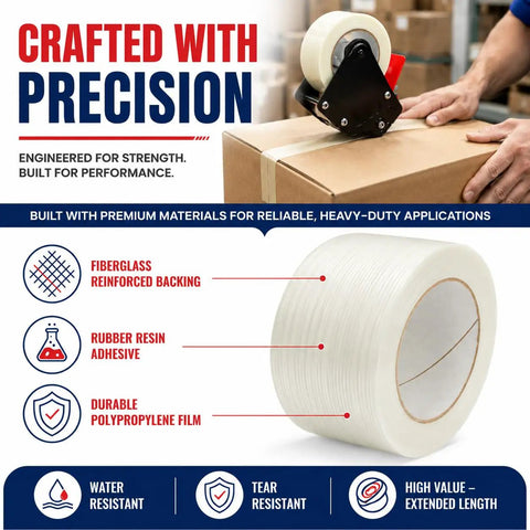 Beefy Five Point Five Mil Fiberglass Reinforced Packing Tape Rock Solid Rubber Resin Adhesive For Heavy Duty Shipping And Cardboard Box Bundling One Inch By Sixty Yards Pack Of Two Dozen, used on cardboard box.