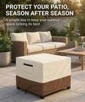 Built To Last Heavy Duty Waterproof Patio Ottoman Cover For Square Outdoor Side Table With Padded Handles All Weather 600D Oxford Fabric Windproof UV Resistant 25 x 25 x 18 Inches Beige Brown shown on patio.
