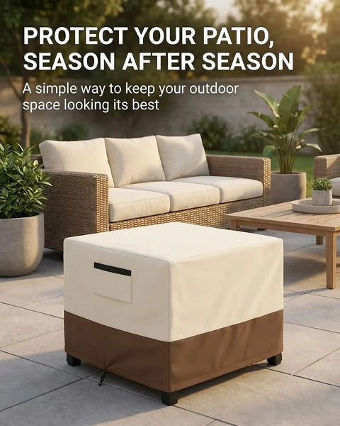 Built To Last Heavy Duty Waterproof Patio Ottoman Cover For Square Outdoor Side Table With Padded Handles All Weather 600D Oxford Fabric Windproof UV Resistant 25 x 25 x 18 Inches Beige Brown shown on patio.